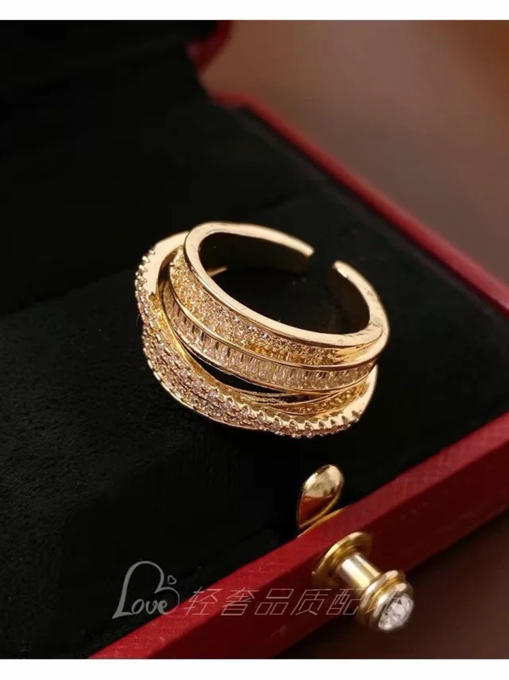 Gold Crystal Layered Open Band Ring - Love